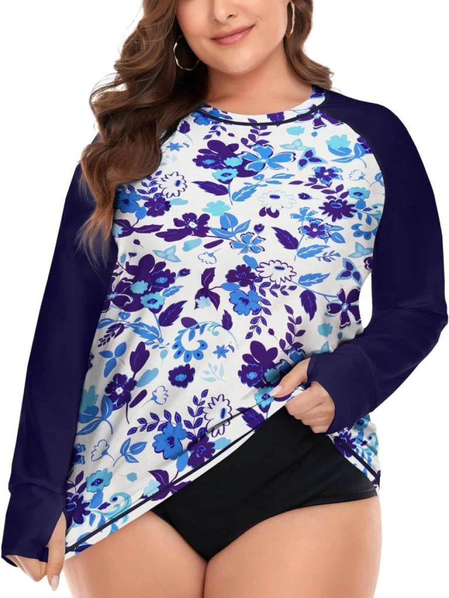 FOREYOND Women's Plus Size UPF 50+ Long Sleeve Swim Shirt - Loose Fit Sun Protective Rashguard for Swimming & Beach