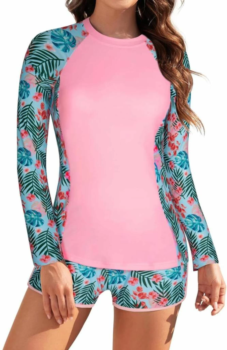 JASAMBAC Women's UPF 50+ Long Sleeve Rash Guard Two-Piece Swimwear Set with Built-In Bra for Surfing & Sun Protection