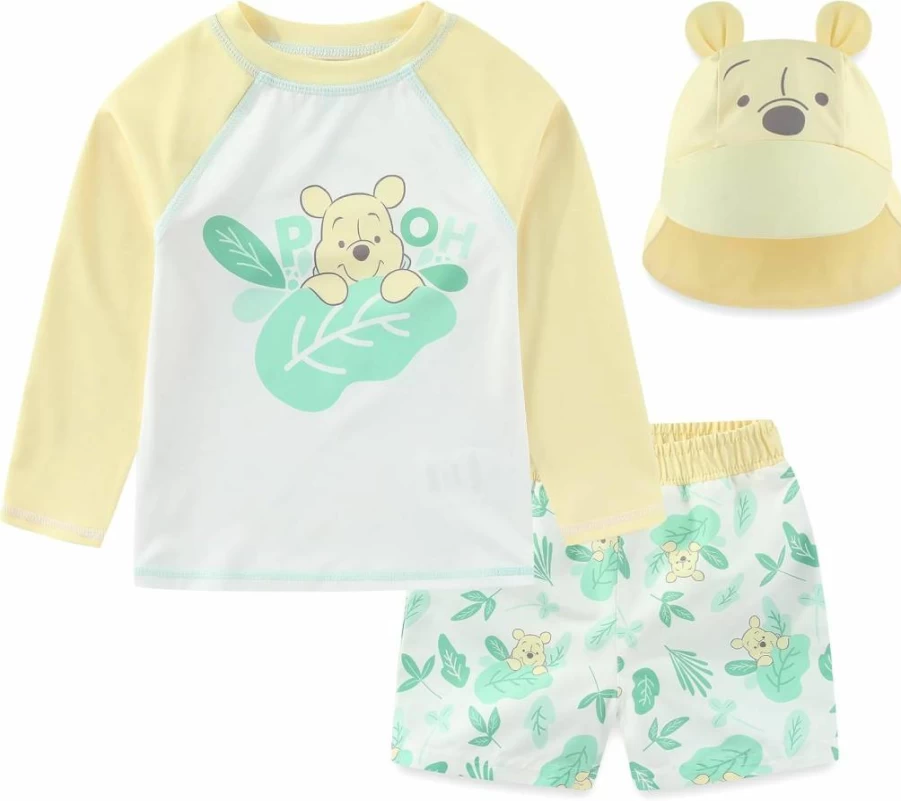 Disney Winnie The Pooh Baby Boys UPF 50+ Swim Set - Rash Guard, Swim Trunks & Sun Hat with Ears 3-Piece Bathing Suit for Infants