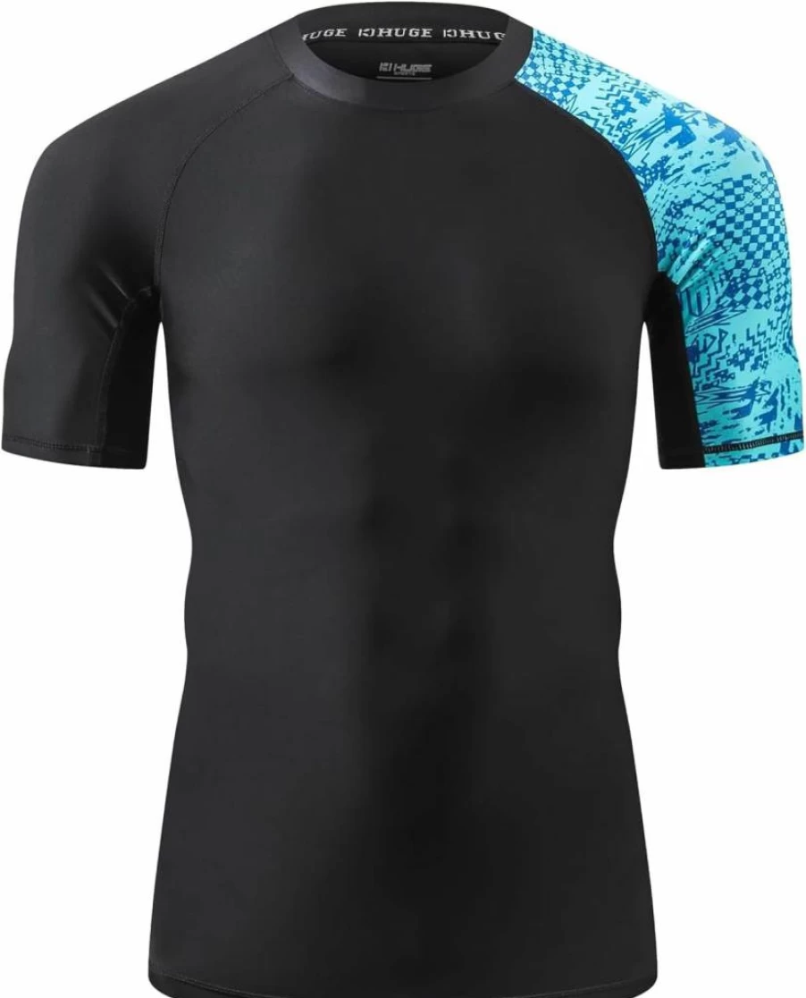 HUGE SPORTS Men's UPF 50+ Sun Protection Rash Guard Short Sleeve Swim Shirt for Swimming Surfing Outdoor Sports