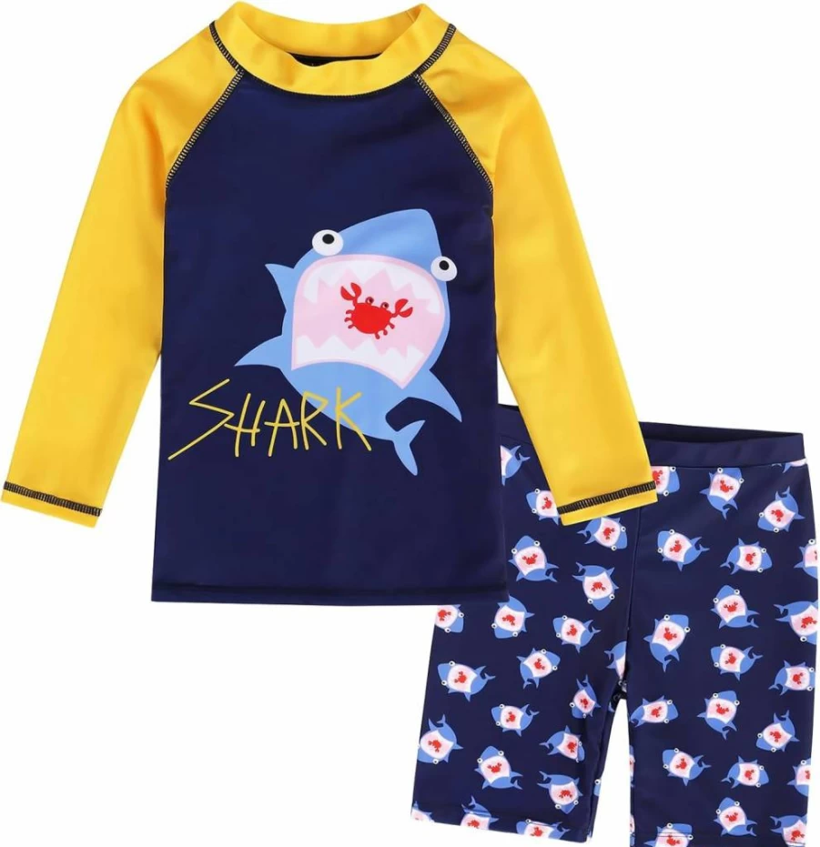 AIWUHE Boys 2-Piece Rash Guard Swim Set with Long Sleeve Shirt and Swim Trunks – UPF 50+ Sun Protection Swimwear for Toddlers Ages 1-7 Years