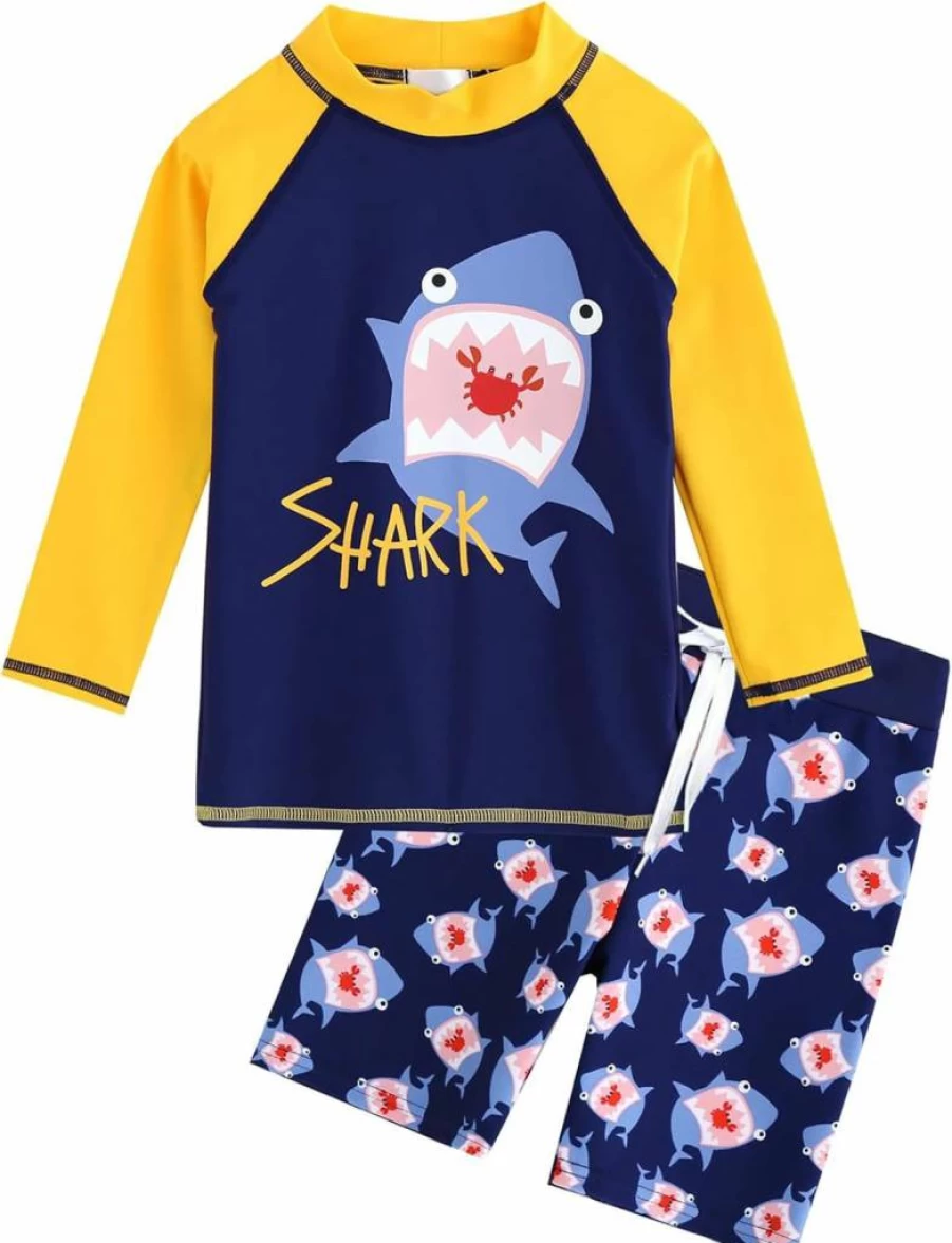 AIWUHE Boys 2-Piece Rash Guard Swim Set with Long Sleeve Shirt and Swim Trunks – UPF 50+ Sun Protection Swimwear for Toddlers Ages 1-7 Years
