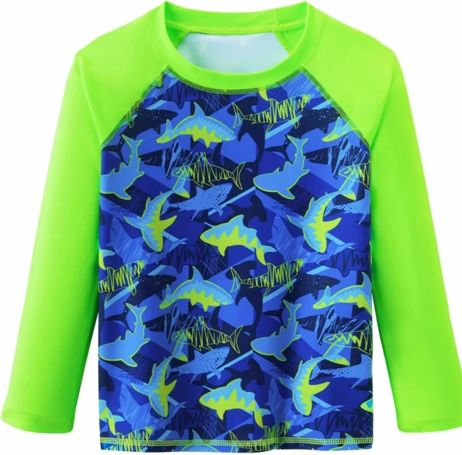 WAWSAM UPF 50+ Boys Long Sleeve Rash Guard Swim Shirt - Quick Dry Sun Protection Swimwear for Toddlers Ages 4-6 Years