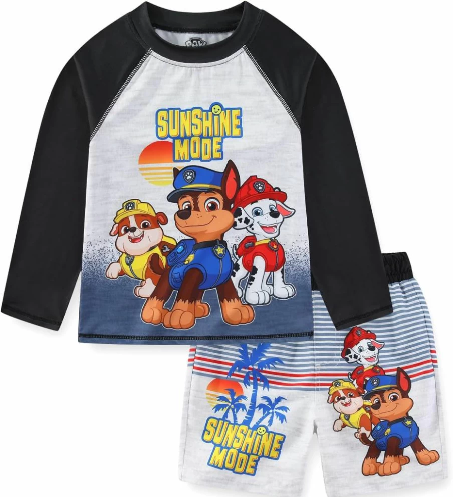 Paw Patrol Boys Rash Guard and Swim Trunks Set - Chase, Marshall, Rubble UPF 50+ Swimwear for Toddlers and Kids