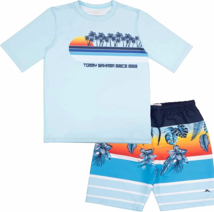 Tommy Bahama Boys' 2-Piece Rash Guard and Swim Trunks Set for Kids and Teens - UPF 50+ Swimwear Bundle
