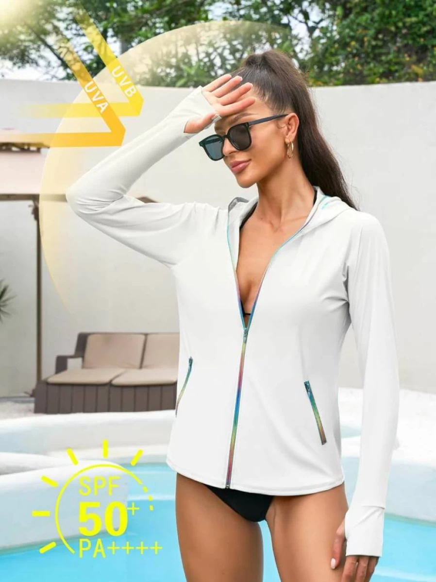 ATTRACO Women's Long Sleeve Zip-Up Rash Guard Swim Shirt with Hood, Thumb Holes & Side Pockets