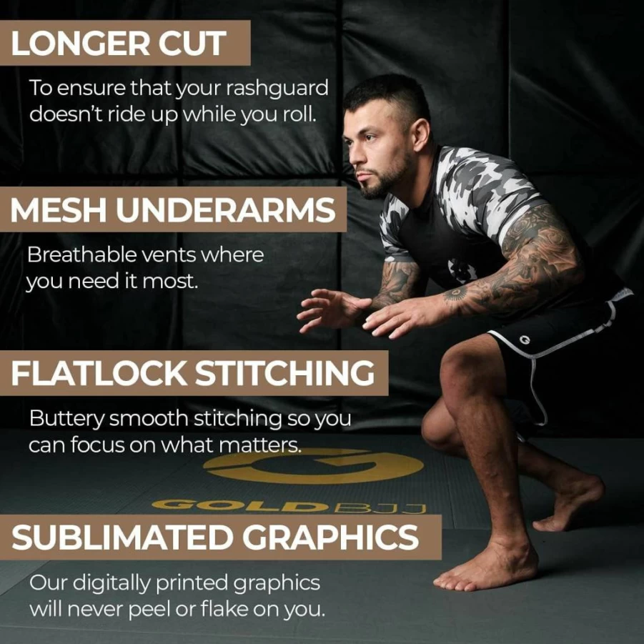 Gold BJJ Camo Rash Guard - No-Gi, Gi & MMA Compression Shirt for Jiu Jitsu & Martial Arts