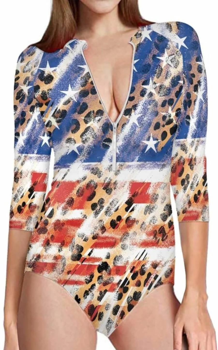 Doginthehole Women's Zip Front Rash Guard Swimsuit UPF 50+ Sun Protection with 3/4 Sleeves & Printed Design
