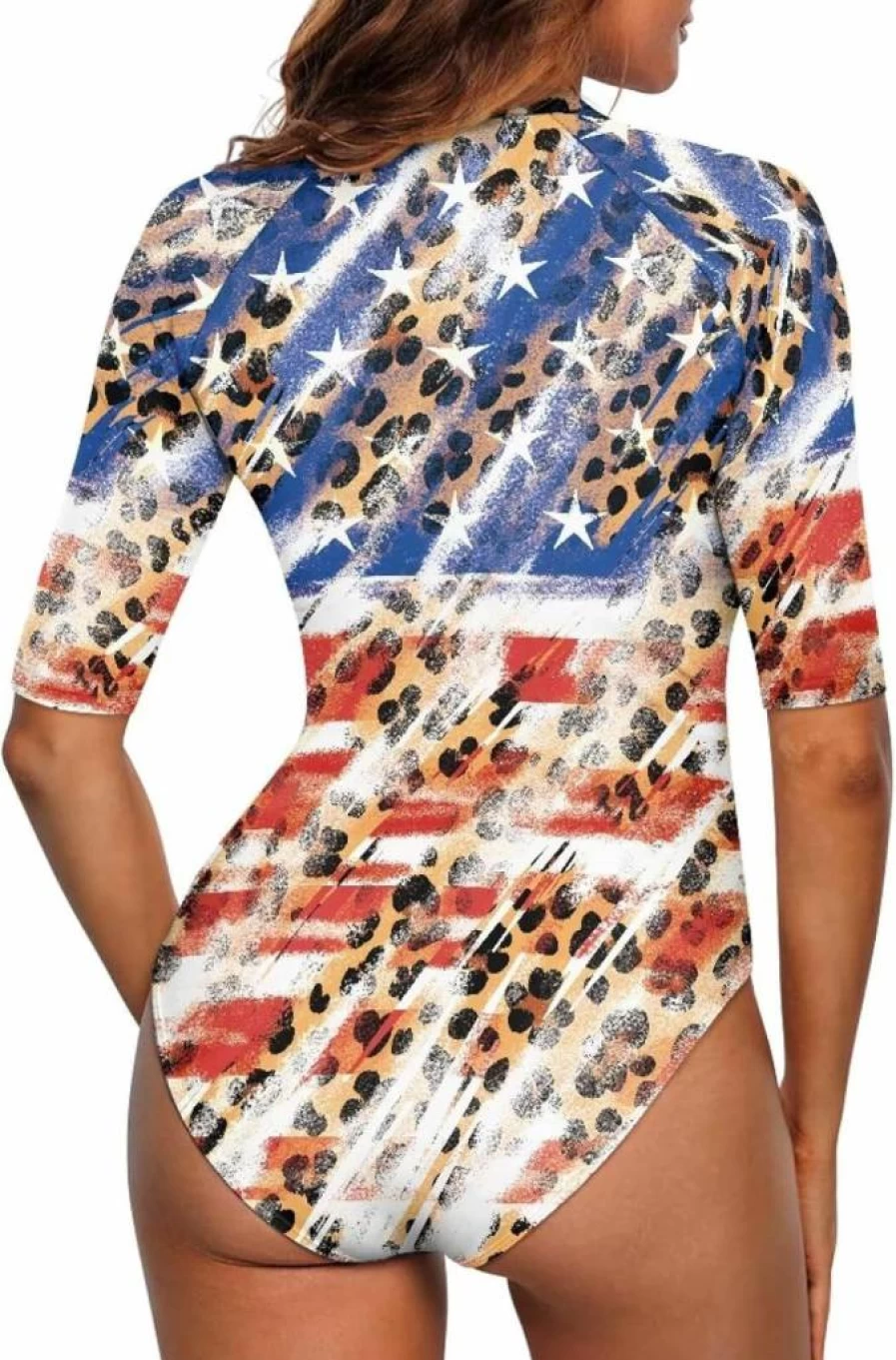 Doginthehole Women's Zip Front Rash Guard Swimsuit UPF 50+ Sun Protection with 3/4 Sleeves & Printed Design