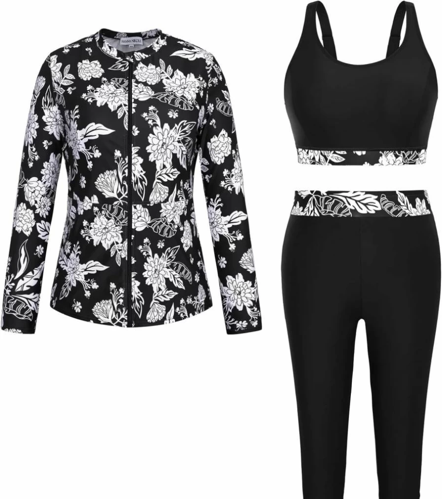 Hanna Nikole Plus Size 3-Piece Rash Guard Swimwear Set - Long Sleeve Sun Protection Surfing Bathing Suits for Women
