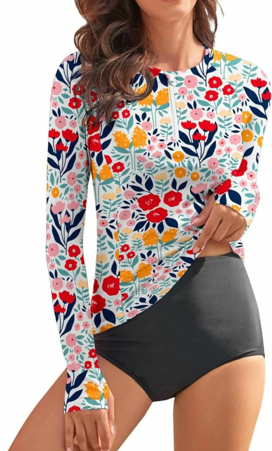 WOWENY Women's UPF 50 Long Sleeve Rash Guard Swim Top Sun Protective Bathing Suit