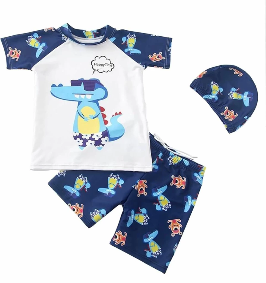 YAGATA Boys 3-Piece Dinosaur Swim Set UPF 50+ Rash Guard Swimwear for Toddlers