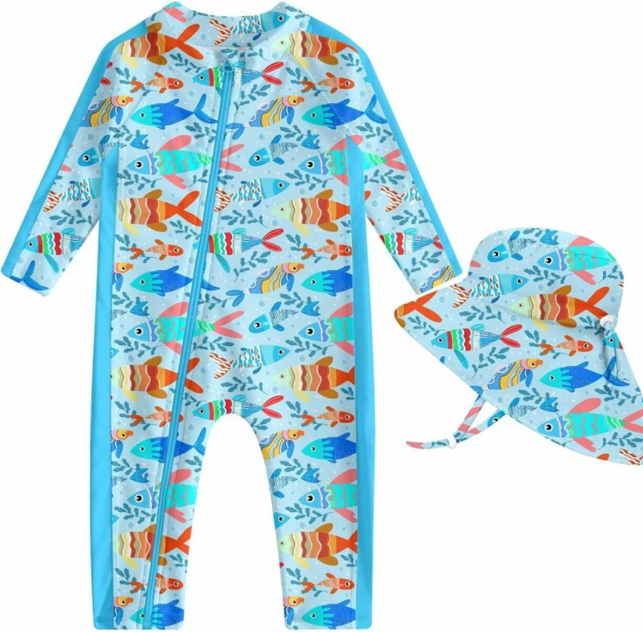 UNIFACO Baby Boy UPF 50+ Sun Protection One-Piece Swimsuit with Zip & Sun Hat - Infant Sunsuit Swimwear for Beach & Pool