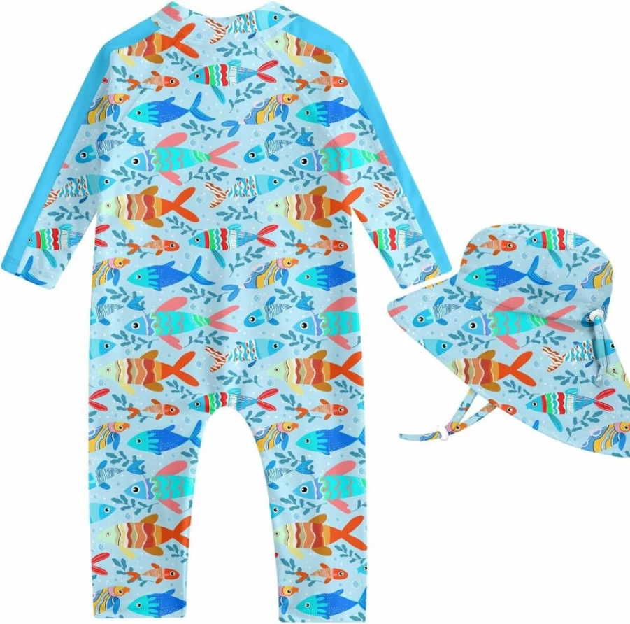 UNIFACO Baby Boy UPF 50+ Sun Protection One-Piece Swimsuit with Zip & Sun Hat - Infant Sunsuit Swimwear for Beach & Pool