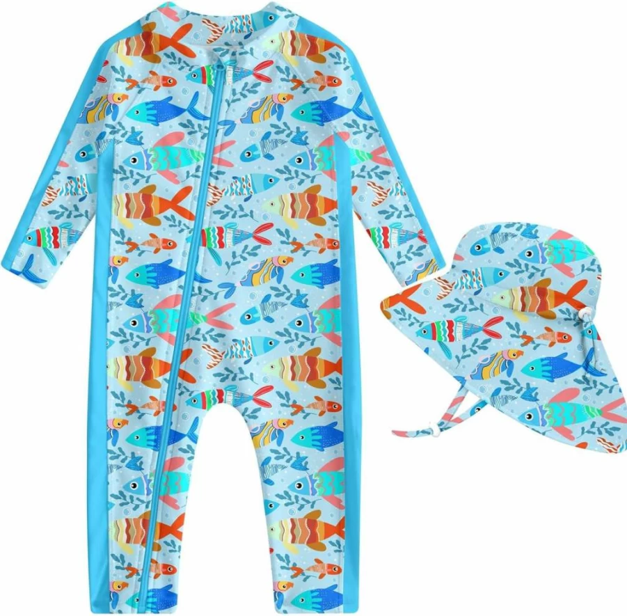 UNIFACO UPF 50+ Baby Boy One Piece Swimsuit with Sun Hat - Infant Sun Protection Zip Bathing Suit Swimwear
