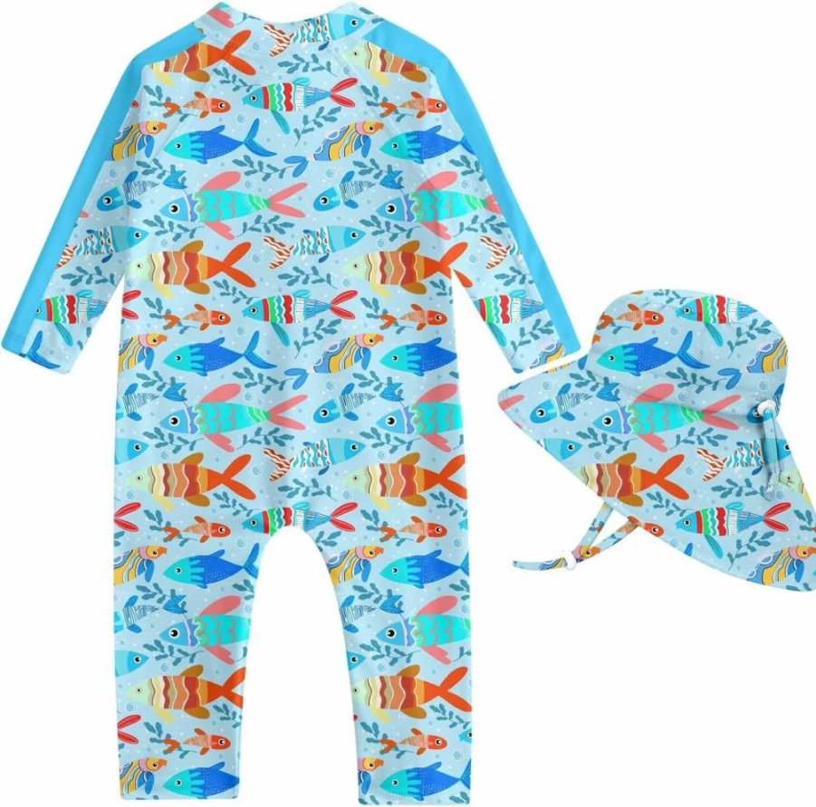 UNIFACO UPF 50+ Baby Boy One Piece Swimsuit with Sun Hat - Infant Sun Protection Zip Bathing Suit Swimwear