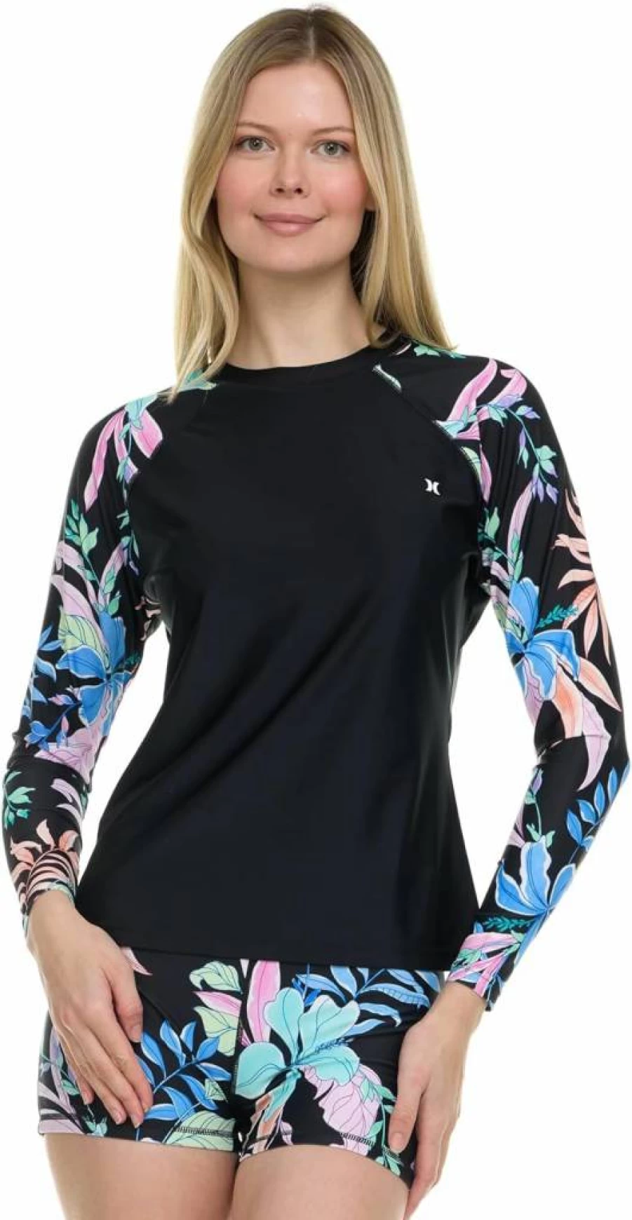 Hurley Women's UPF 50+ Long Sleeve Rash Guard & Swim Shorts Set - Quick Dry UV Protection Swimwear