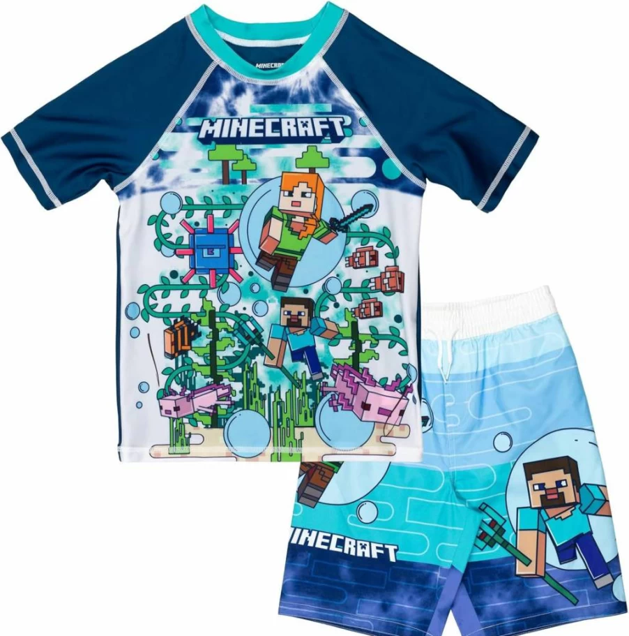 Minecraft Kids Swimwear Set - Zombie, Creeper, Alex & Steve Rash Guard and Swim Trunks for Toddler to Big Kid