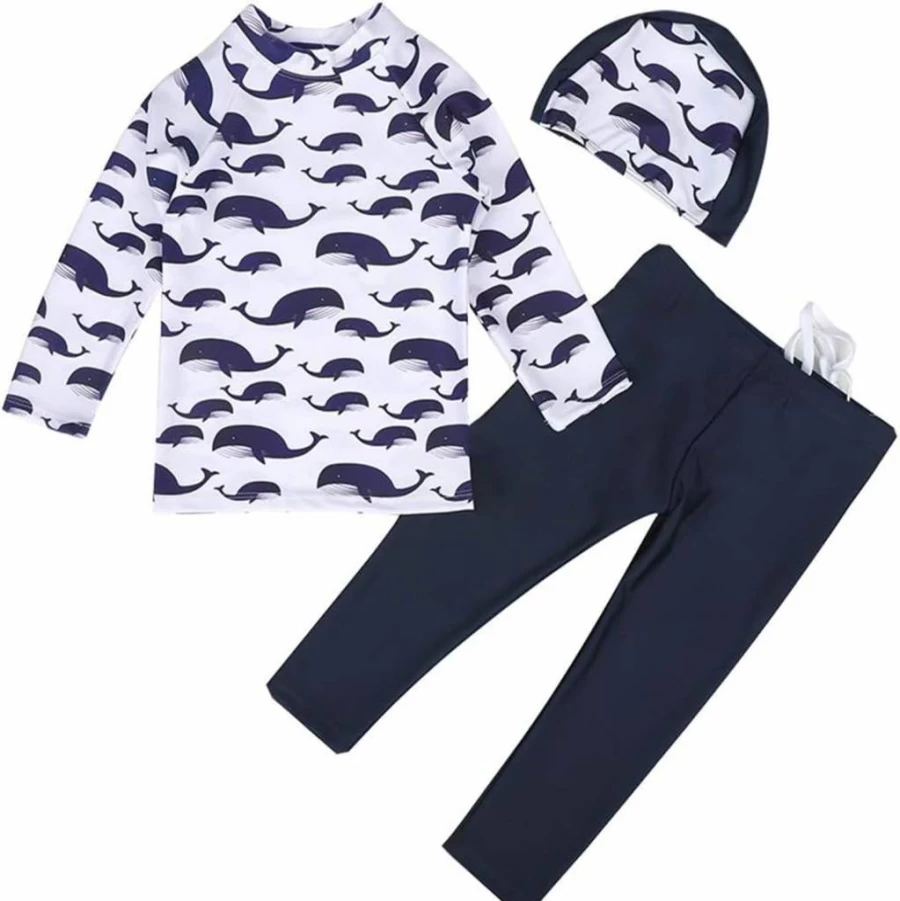 Digirlsor Boys Rash Guard Swim Set with Cap - UPF 50+ Sun Protection Long Sleeve Swimwear for Kids 2-10 Years
