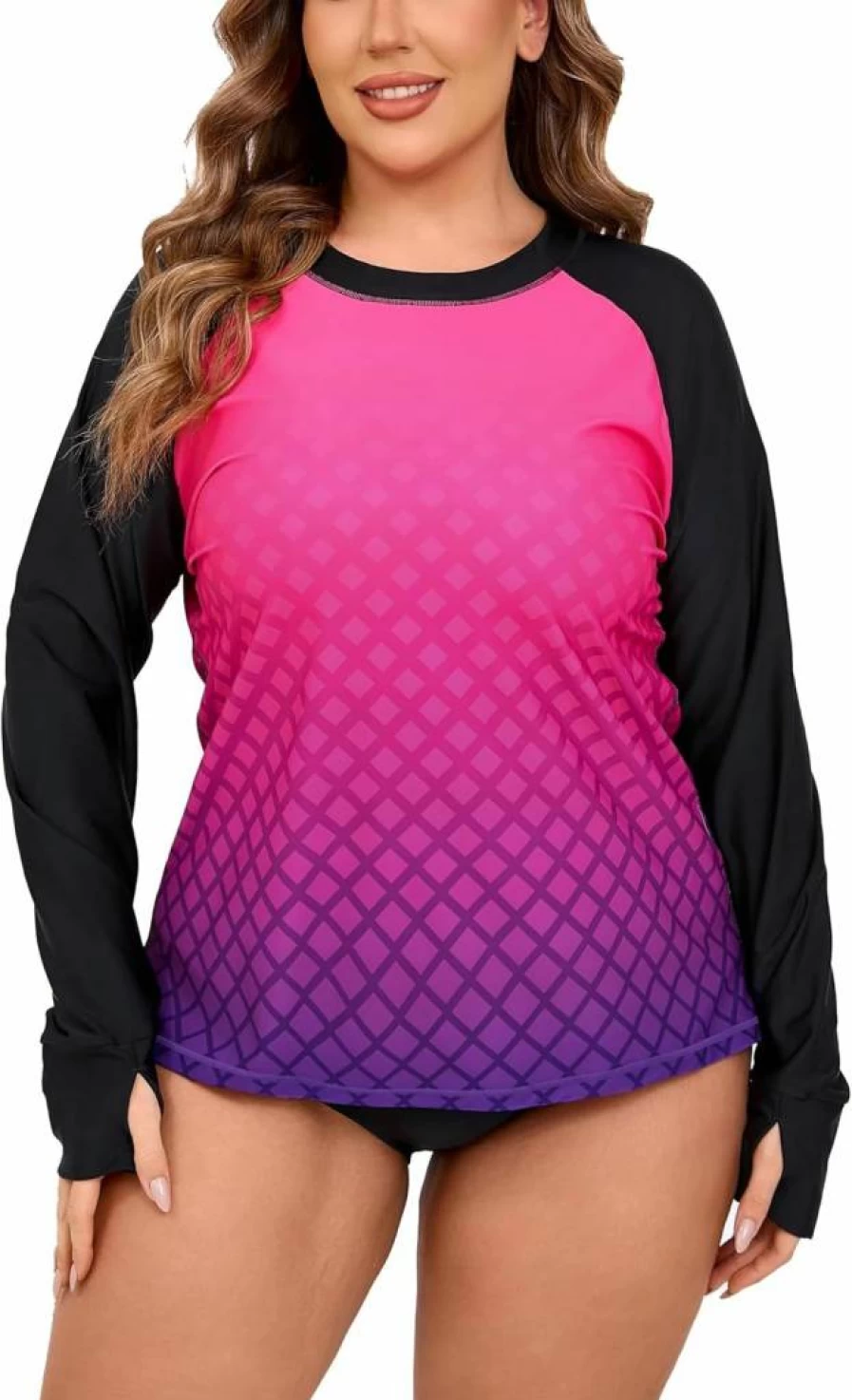 Halcurt Women's Plus Size UPF 50+ Long Sleeve Swim Shirt with Thumb Holes - Sun Protective Rash Guard Top for Swimming