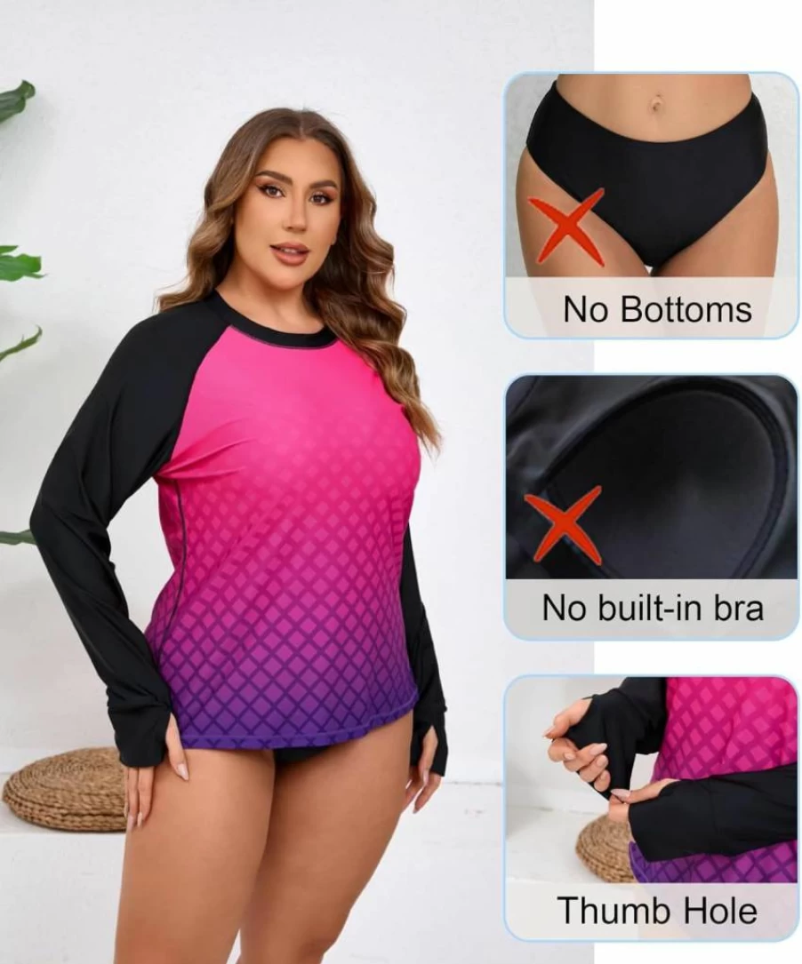 Halcurt Women's Plus Size UPF 50+ Long Sleeve Swim Shirt with Thumb Holes - Sun Protective Rash Guard Top for Swimming