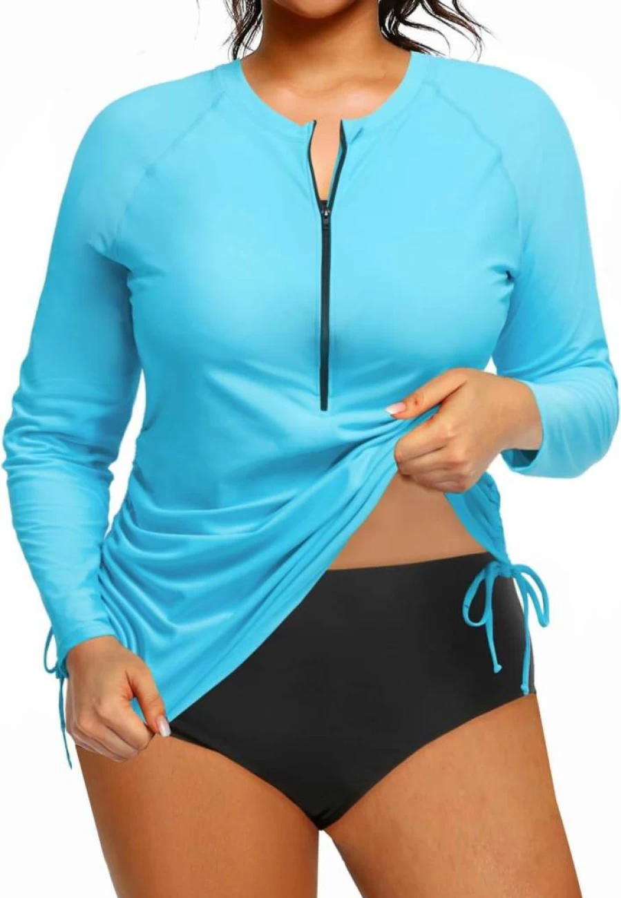 Holipick Women's Plus Size 2-Piece UPF 50+ Swimwear Set with Zip Front Rash Guard and Built-In Bra