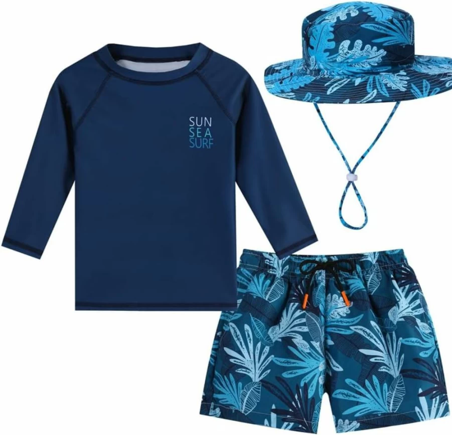 DNggAND Boys' 2-Piece Rash Guard Swim Set with UPF Sun Protection & Matching Hat for Summer Beach Play