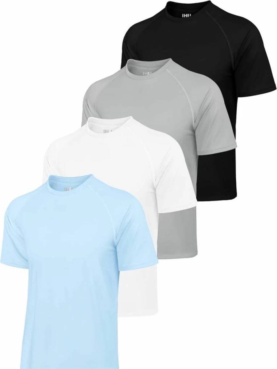 IHU Men's 4 Pack UPF 50+ Sun Protection Shirts - Quick Dry Short Sleeve Rash Guards for Swimming, Fishing & Hiking