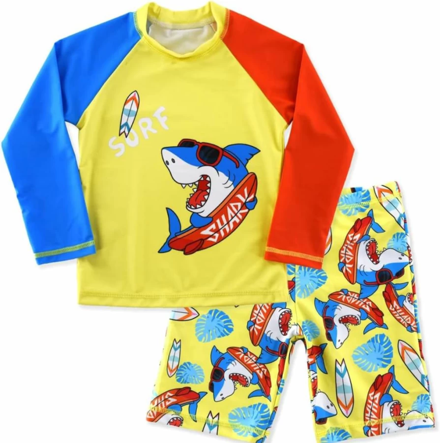 SINOLY Boys' Long Sleeve Rash Guard Swimsuits 2-Piece Sun Protection Swimwear Set for Kids