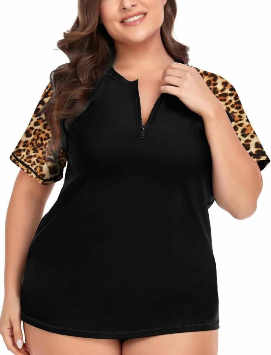 COOTRY Women's Plus Size UPF 50+ Sun Protection Swim Shirt with Zip Closure Short Sleeve Rash Guard Tops