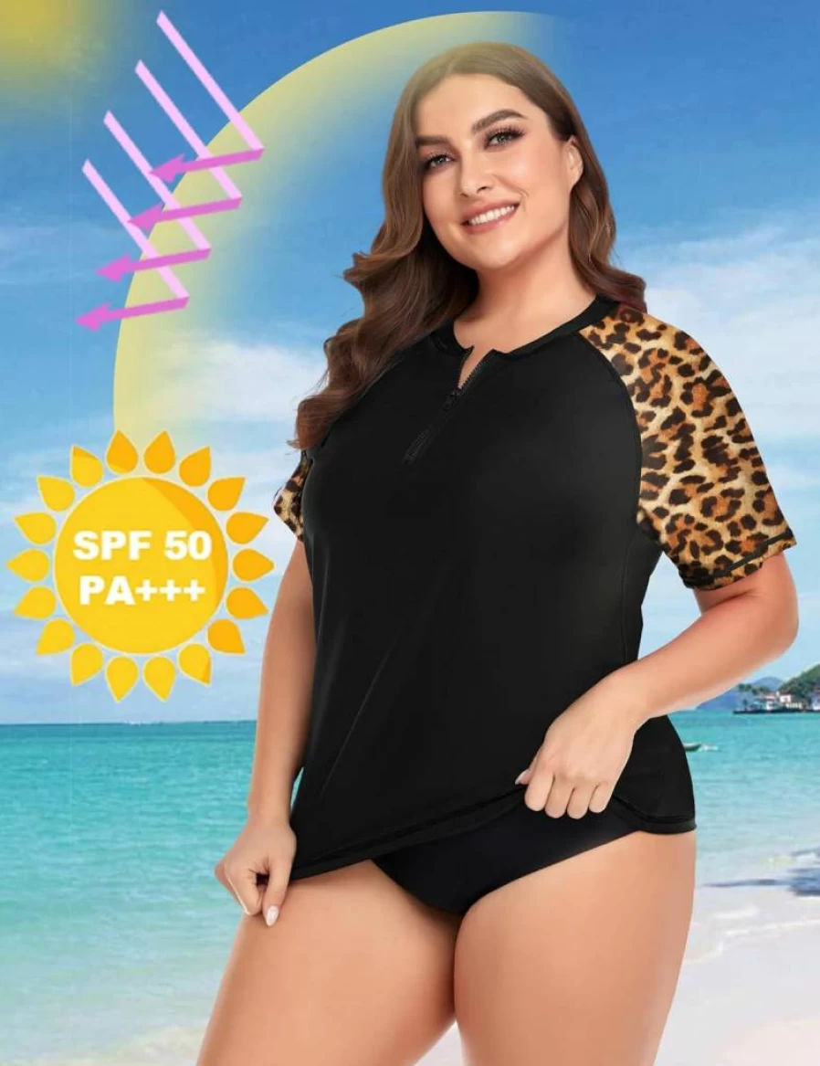 COOTRY Women's Plus Size UPF 50+ Sun Protection Swim Shirt with Zip Closure Short Sleeve Rash Guard Tops