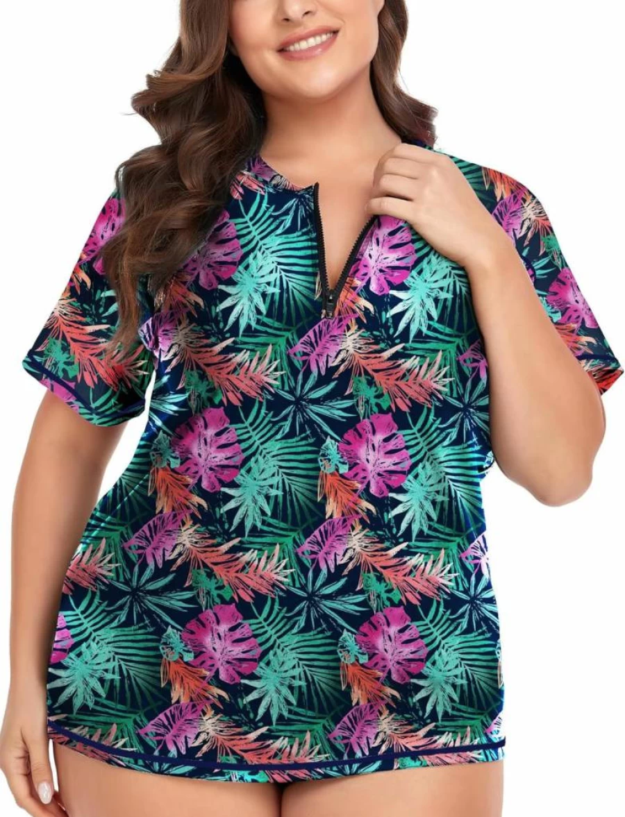 Kate Kasin Women's 3-Piece Long Sleeve Rash Guard Swimsuits with UPF 50+, Zip Front, Built-In Bra & Quick-Dry Boyshorts