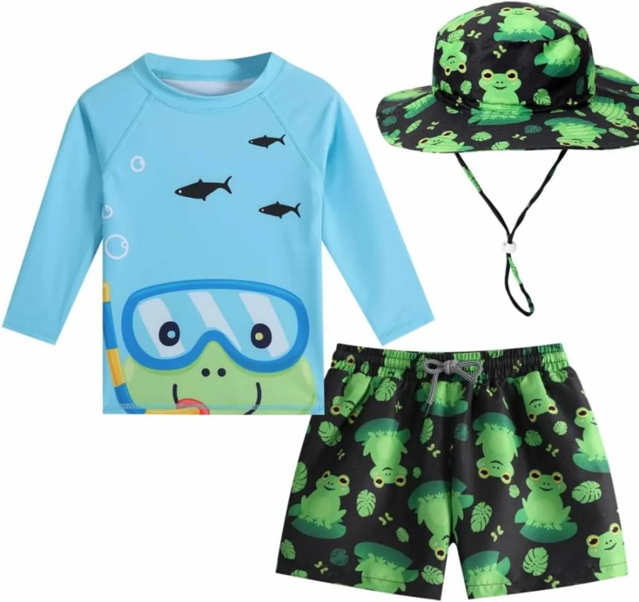 RUOGU Baby Boys 3-Piece Swim Set - Long Sleeve Rashguard, Swim Trunks & Sun Hat UV Protection Toddler Swimwear