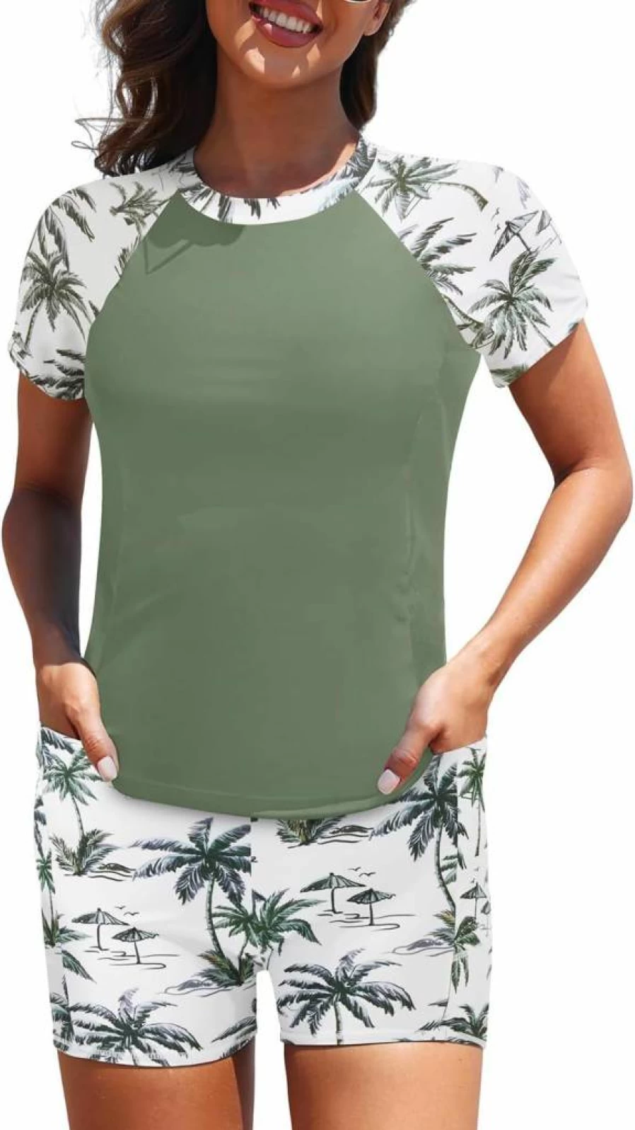 Daci Women's 2-Piece Rash Guard Swimsuit - UPF 50+ Short Sleeve Swim Top with Built-In Bra & Pocketed Swim Shorts