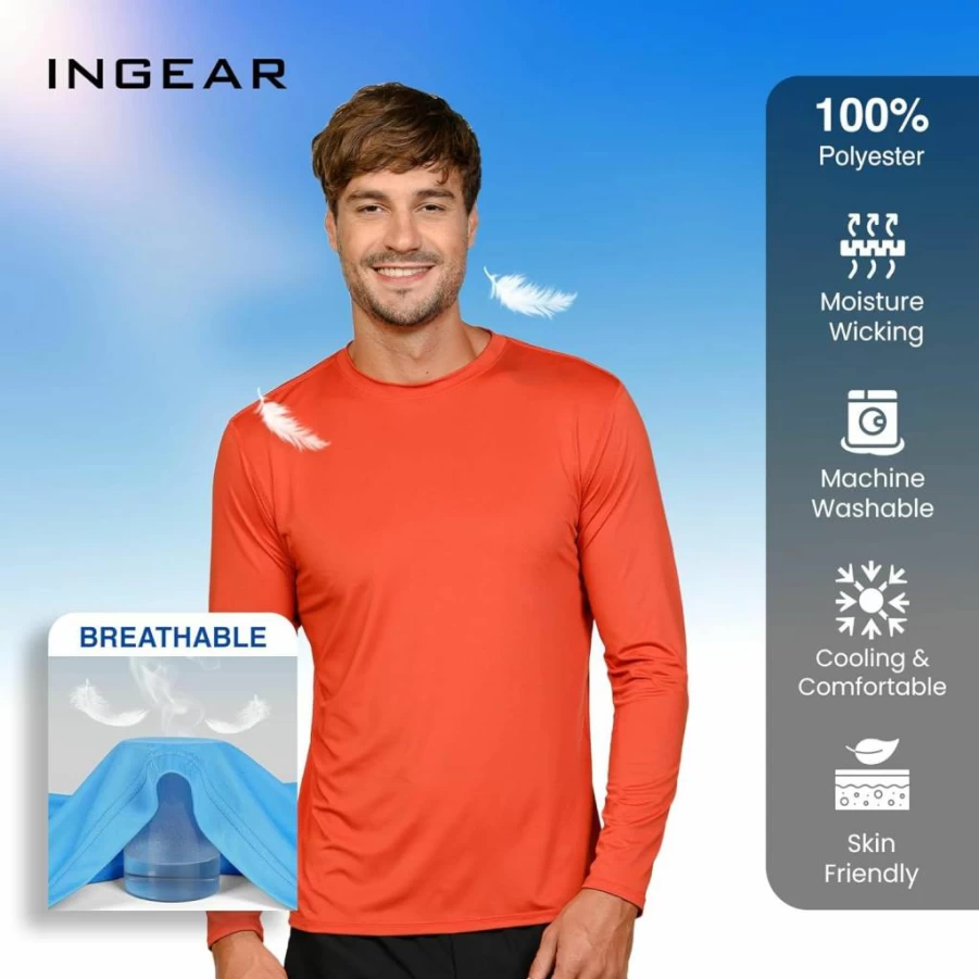 INGEAR Men's UPF 50+ Sun Protection Shirt - Quick-Dry Long Sleeve Rash Guard for Fishing, Hiking, Swimming & Outdoor Activities