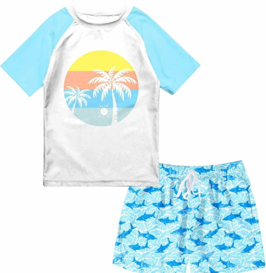 SunFocus Boys' Rash Guard Swimsuits 2-Piece Set with Swim Trunks for Kids Ages 4-12 Years - UPF 50+ Sun Protection Quick-Dry Bathing Suits