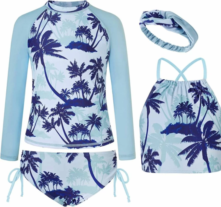 GRACE KARIN Girls 4-Piece Long Sleeve Rash Guard Tankini Swim Set - UPF 50+ Sun Protection Swimwear for Kids Ages 5-14 Years