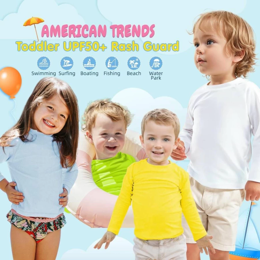 American Trends UPF 50+ Kids Sun Protection Rash Guard - Long Sleeve Swim Shirt for Boys & Girls 2-9 Years, Outdoor Athletic Swimwear