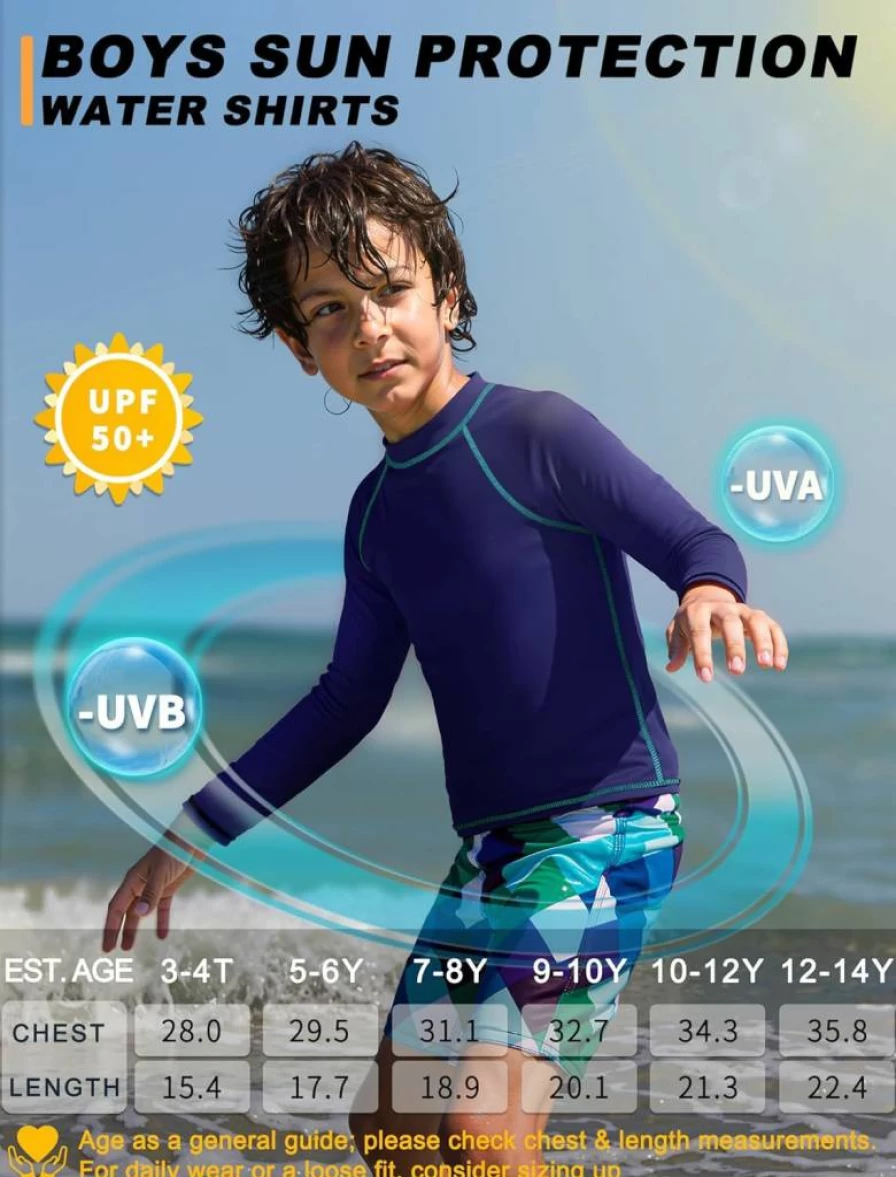 Bigant Boys UPF 50+ Long Sleeve Rash Guard Swim Shirt - Quick Dry Youth SPF Sun Protection Swimwear for Kids Fishing & Water Sports