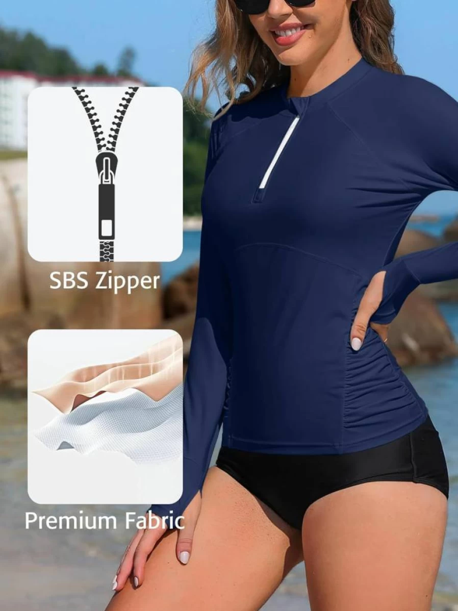 ATTRACO Women's UPF 50+ Long Sleeve Rash Guard Swim Shirt with Zipper, Quick Dry UV Protection Swimwear for Sun Safety