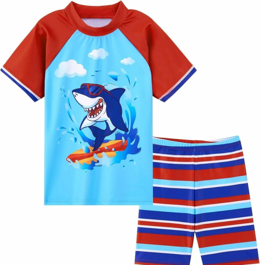 WAWSAM Boys Shark 2-Piece Swimsuit Set - Toddler Rash Guard & Swim Trunks for Kids