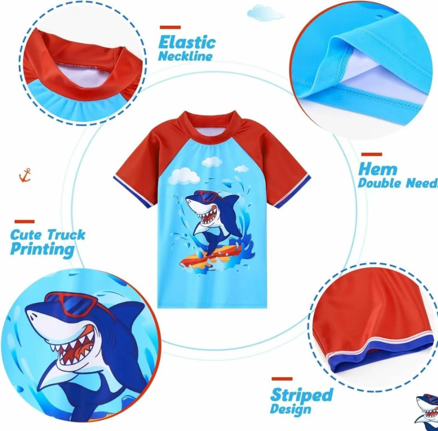 WAWSAM Boys Shark 2-Piece Swimsuit Set - Toddler Rash Guard & Swim Trunks for Kids