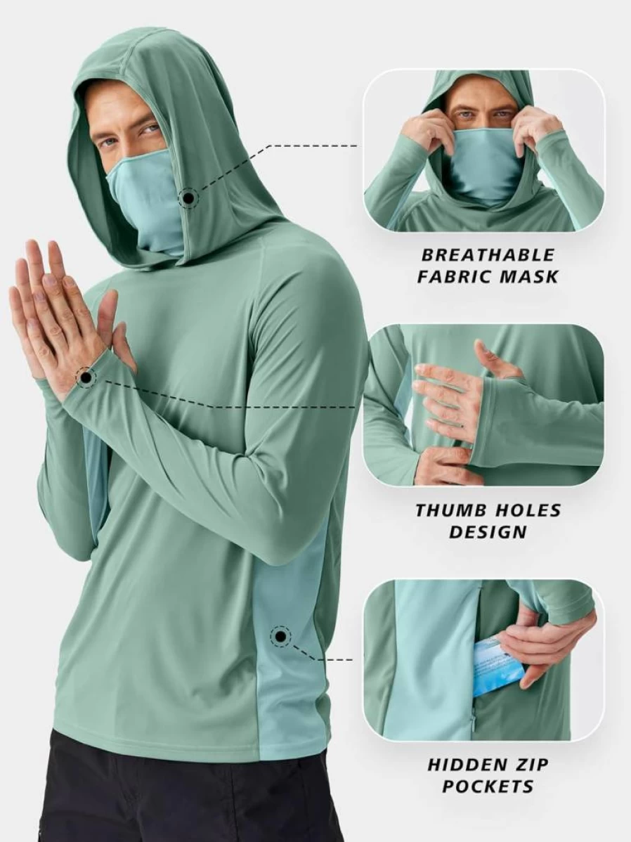 PINSPARK Men's UPF 50+ Sun Protection Hoodie with Face Mask - Long Sleeve UV Rash Guard for Fishing, Hiking & Outdoor Performance