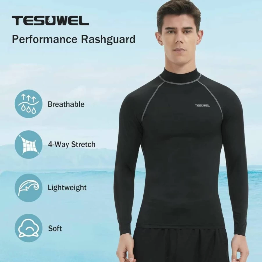 Tesuwel Men's UPF 50+ Long Sleeve Rash Guard - UV Protection Swim Shirt, Quick Dry Compression Surfing Shirt for Water Sports