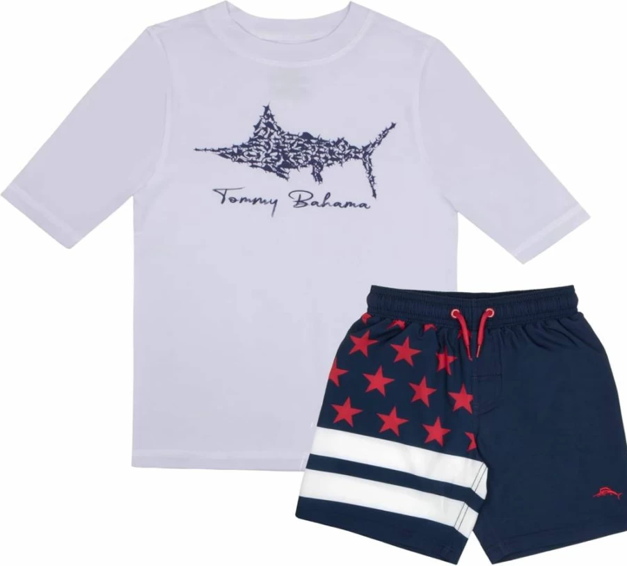 Tommy Bahama Boys & Toddlers Rash Guard and Swim Trunks 2-Piece Set - UPF Sun Protection Beach Outfit