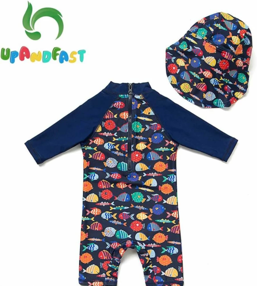 Upandfast Baby One Piece Swimsuit with Sun Hat UPF 50+ Sun Protection Infant Toddler Zipper Bathing Suit Beach Swimwear