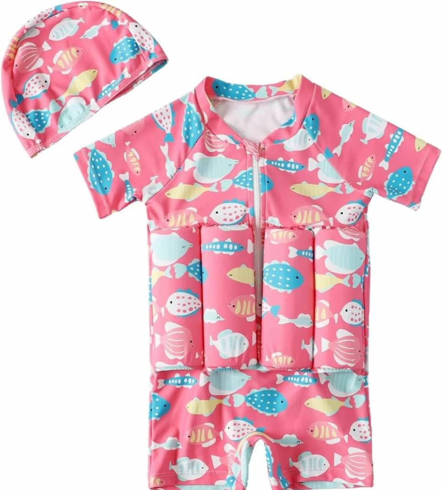 Digirlsor Kids Flotation Swimsuits for Baby Boys & Girls - One Piece Buoyancy Swim Vest with Short Sleeves, Zip Up & Included Swim Cap