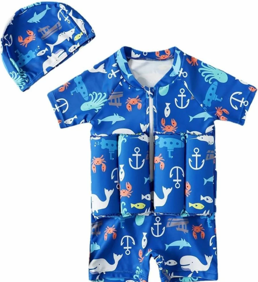 Digirlsor Kids Flotation Swimsuits for Baby Boys & Girls - One Piece Buoyancy Swim Vest with Short Sleeves, Zip Up & Included Swim Cap