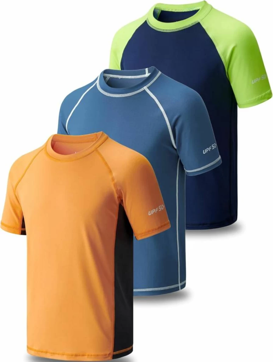Liberty Pro Boys' UPF 50+ Swim Shirts 3 Pack - Quick Dry UV Protection Rash Guard Short Sleeve Swimwear for Kids