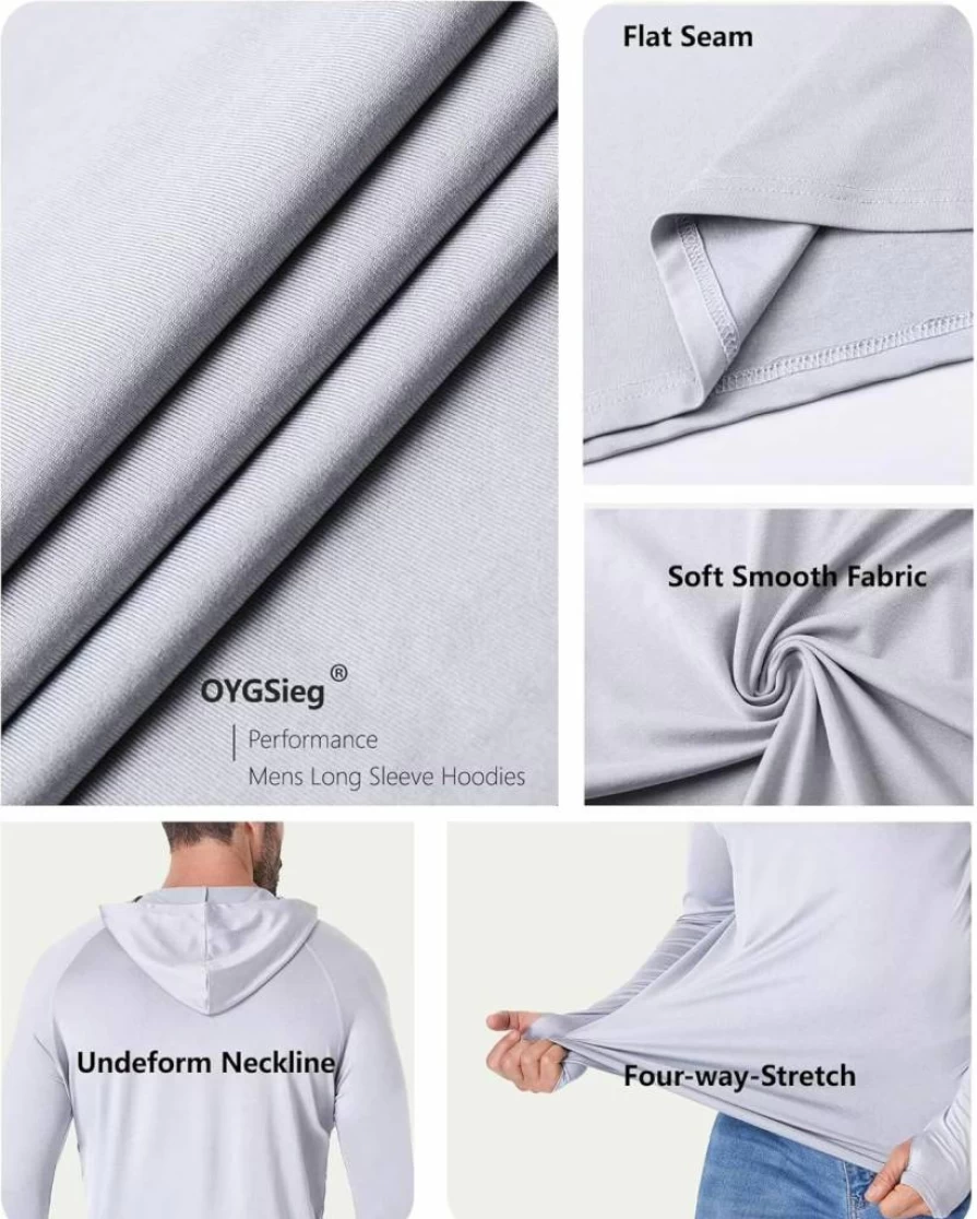 OYGSieg Men's UPF 50+ Sun Protection Hoodie - Long Sleeve Athletic Shirt for Fishing, Outdoor Sports & Rash Guard